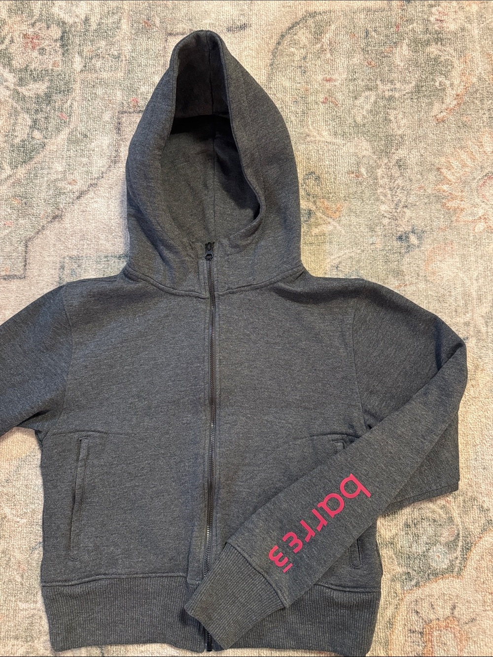 Barre3 Cropped Dark Grey Zip-Up Hoodie with sleeve logo - Small